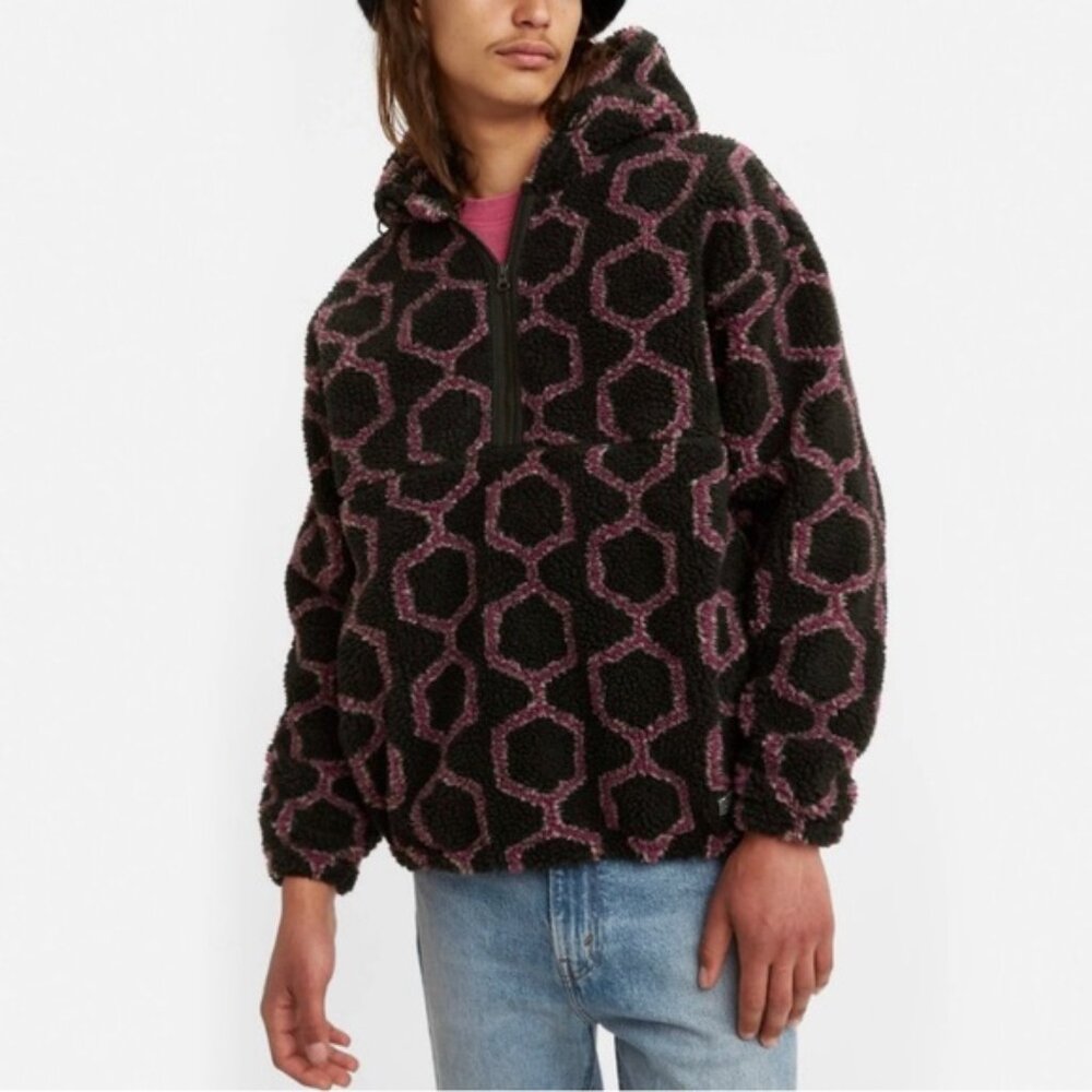 Levi's Cozy Half Zip Keiko Caviar Black Purple Sherpa Hoodie Men's Size Small S
